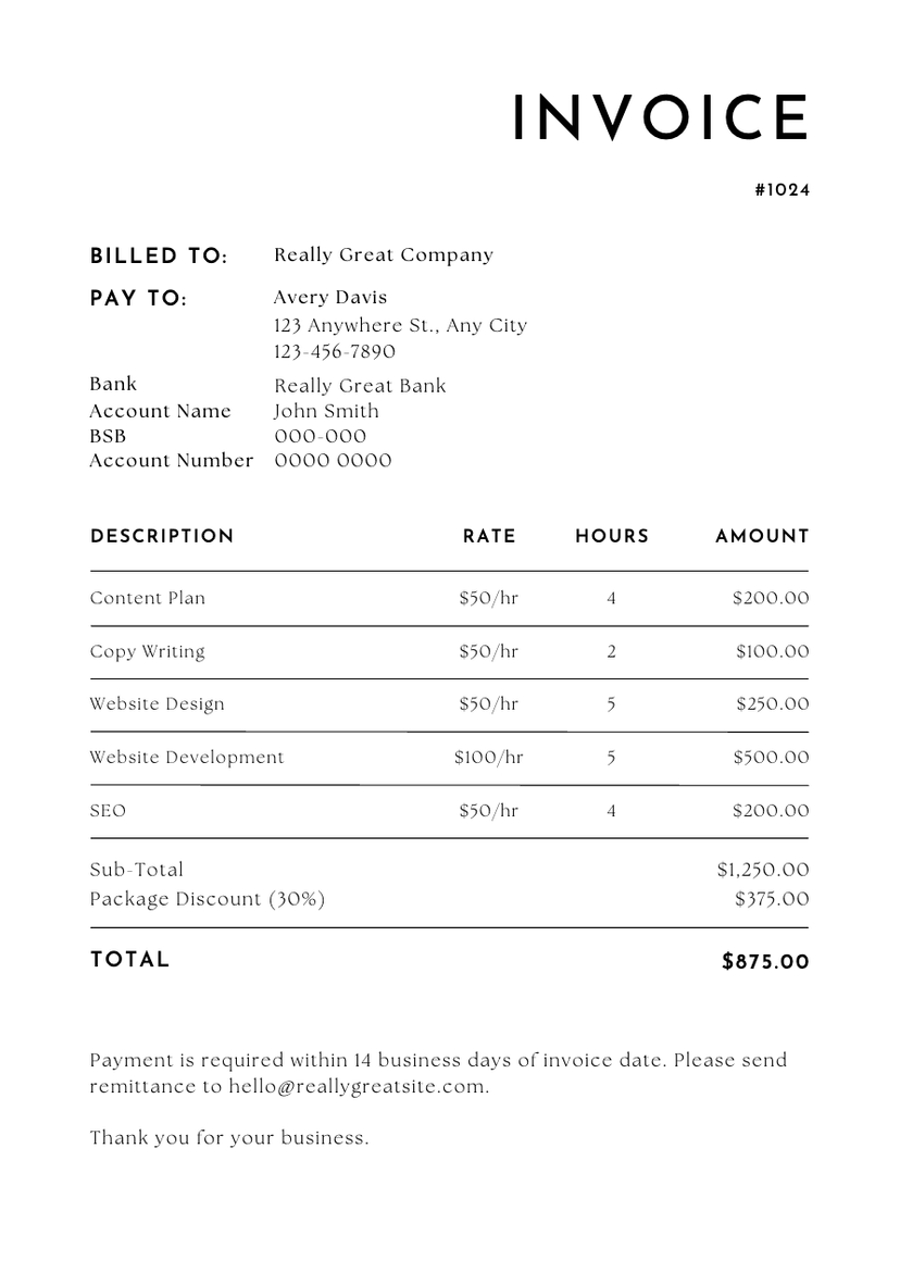 Example invoice with tabular data.