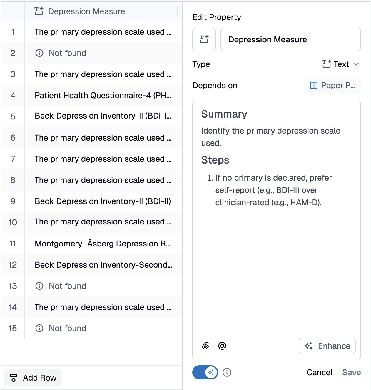 Column property panel showing the extraction instruction for 'Post Score (Intervention)' — the natural-language rule that tells the AI what to extract and how to handle edge cases