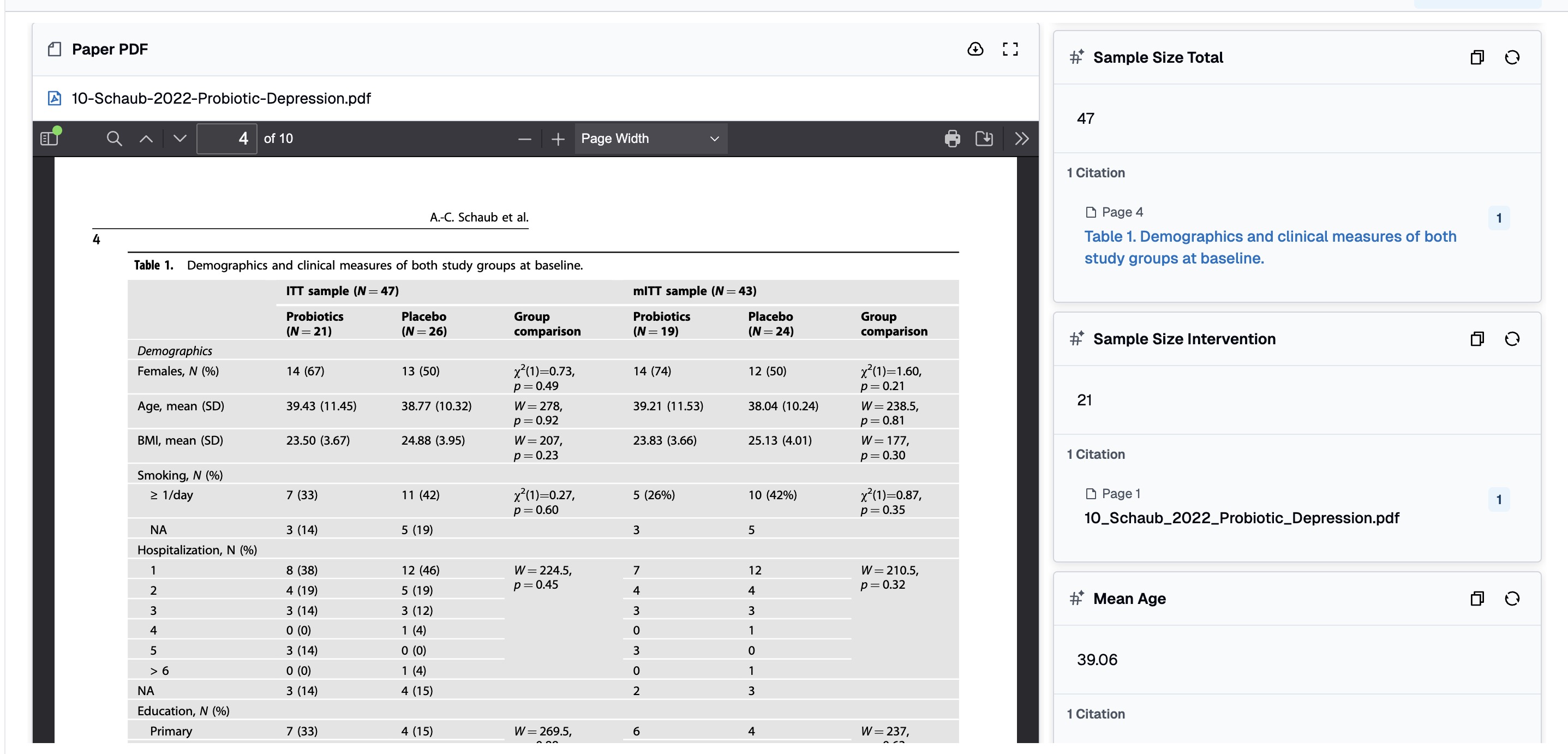 Per-file parsing results with source citations — each AI-extracted value links back to the exact passage in the original paper